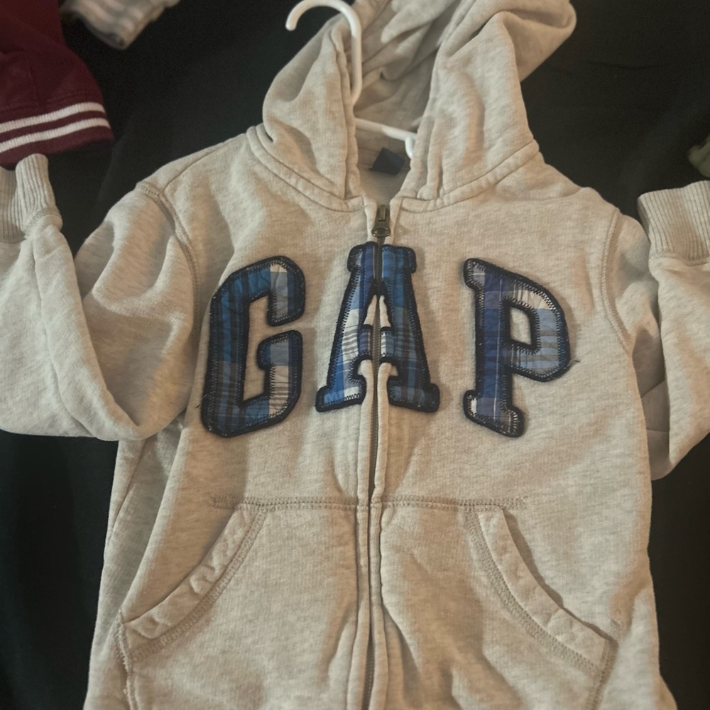 GAP Kids Light Gray Hoodie with Blue Plaid Logo